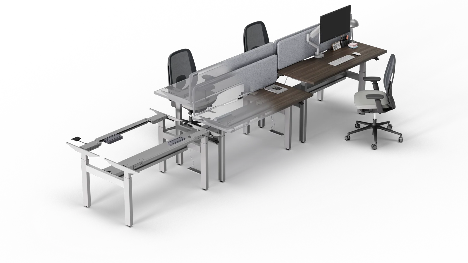 Height Adjustable CORE Benching workstation with two-stage and three-stage columns
