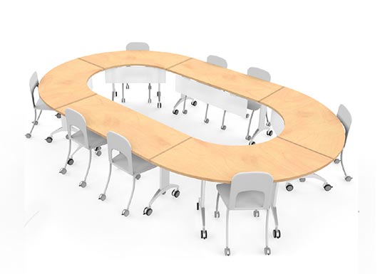 SpecialT - LINK Tables grouped together to form oval shape. This group contains two rectangular and two half-round tables linked together.