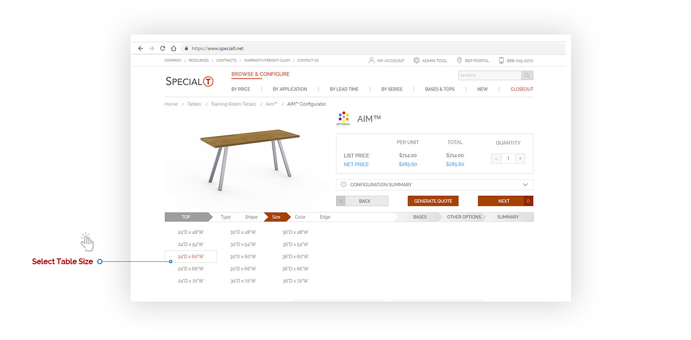 Wood Veneers - Special-T | Step #6 - Configurator - Select Table Size