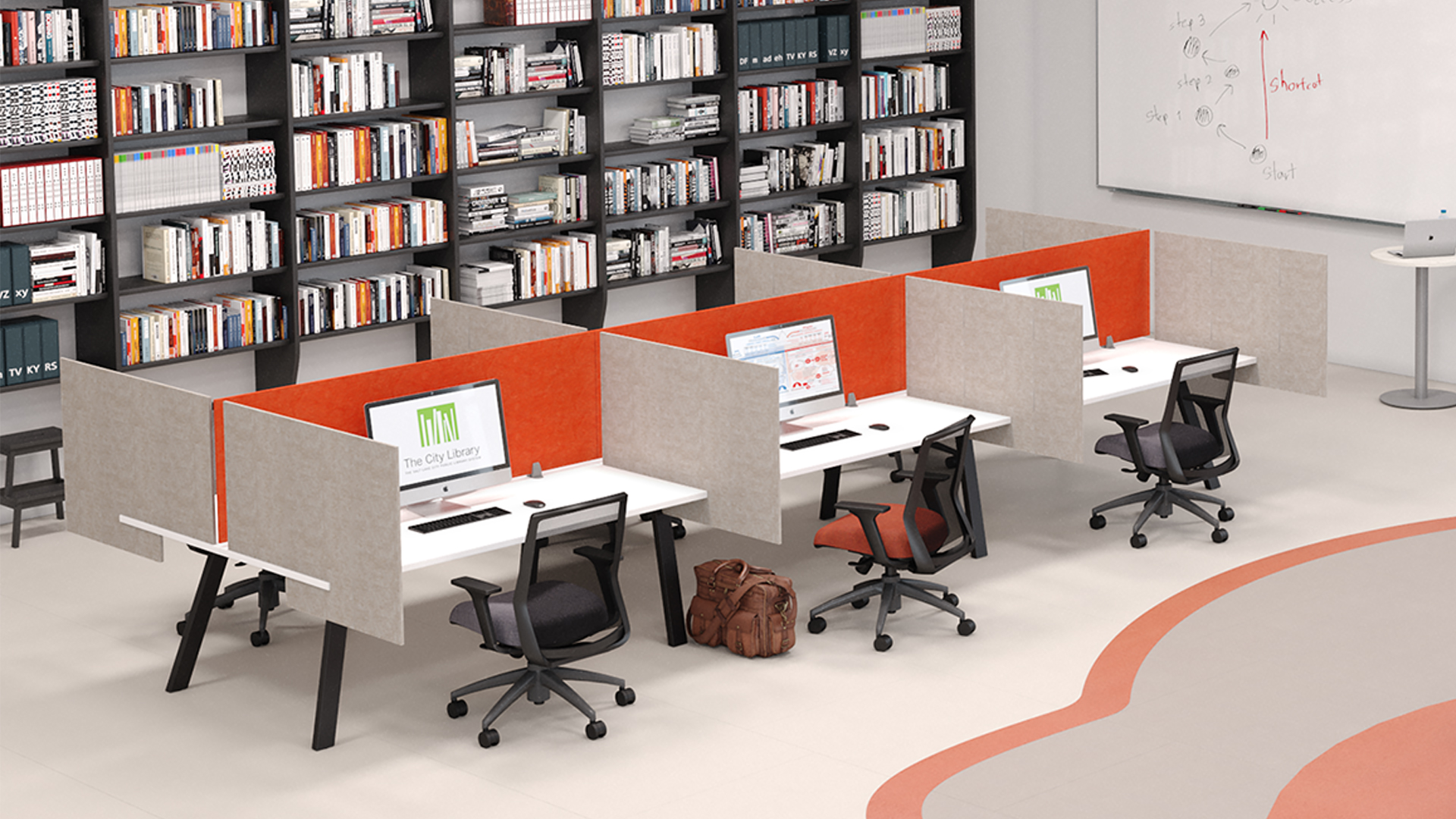 Library with Aim Desking with Sliding Privacy Screen